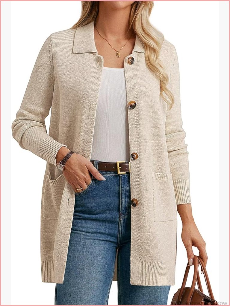 Long Button Front Cardigan Sweater With Pockets - Cozy Knit Blazer Jacket For